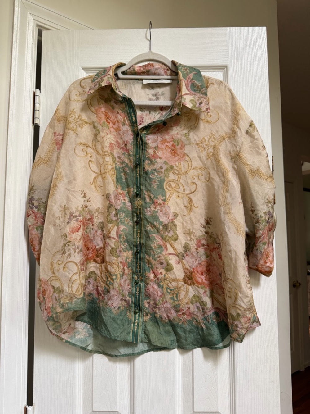 Authentic Zimmermann Size 4 Sheer Floral Button-Up Blouse Silk seen on tv